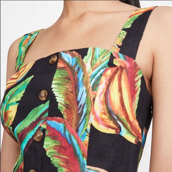NWT FARM Rio Preta Black Bold Tropical Banana Print Square Neck Linen Mini Dress - Picture 5 of 11
